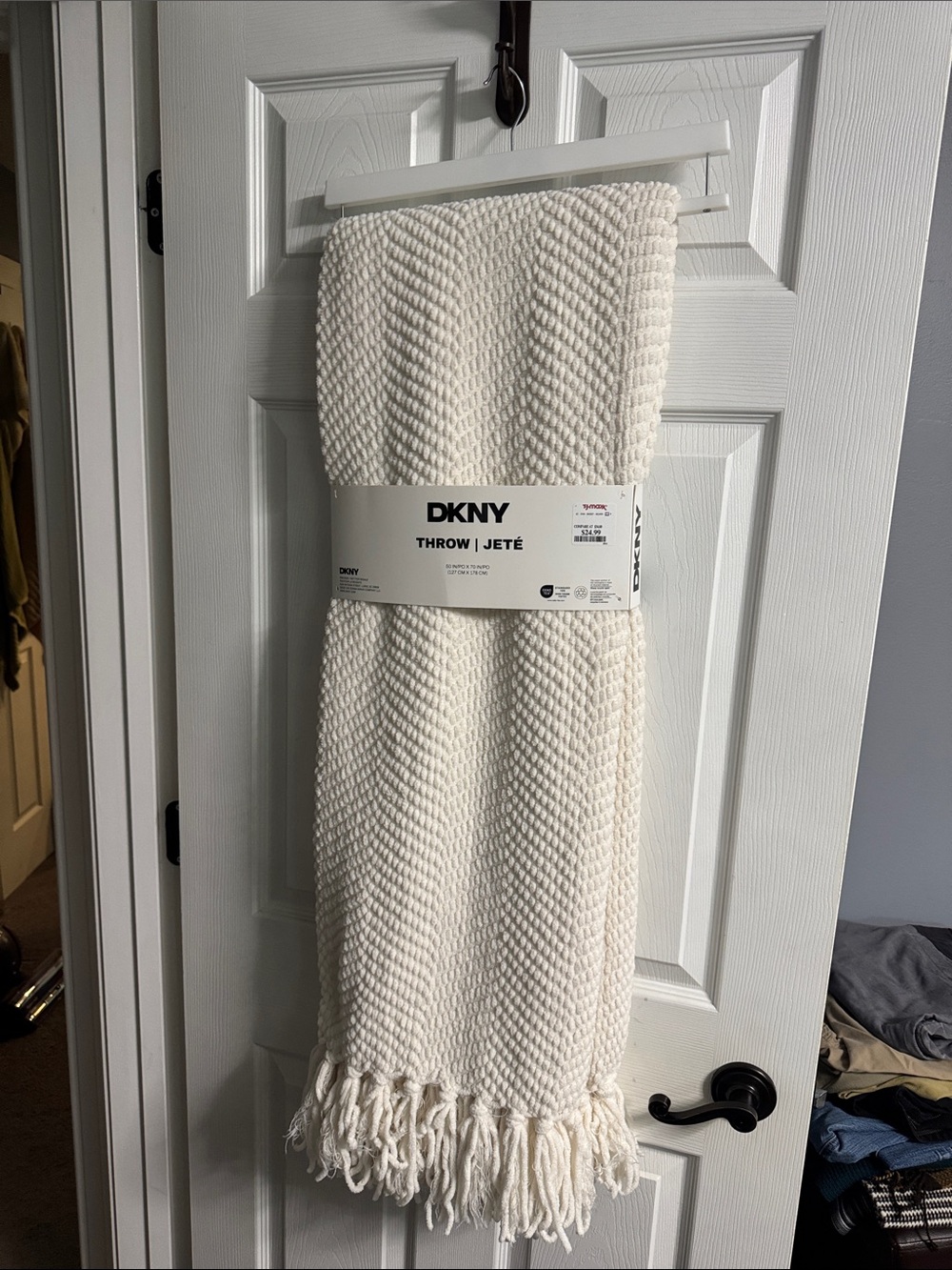 DKNY Ivory Knit Throw with Fringe